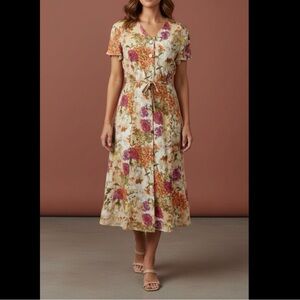 Coldwater Creek 10P Vintage Beige Secretary Floral Midi Dress Silk Women's